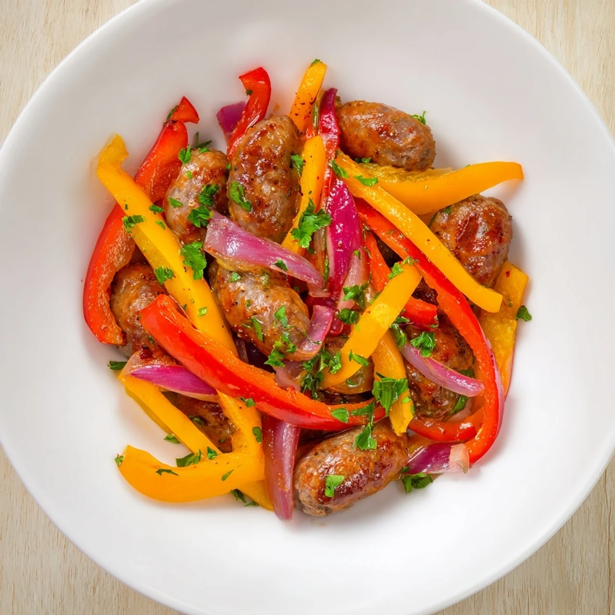 Close-up of the finished Beef Sausage and Bell Pepper Skillet steaming hot and ready to serve over a bed of fluffy white rice.