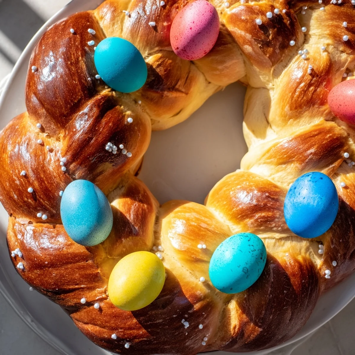 A freshly baked Easter Bread Wreath with Colored Eggs arranged on a rustic wooden serving board.