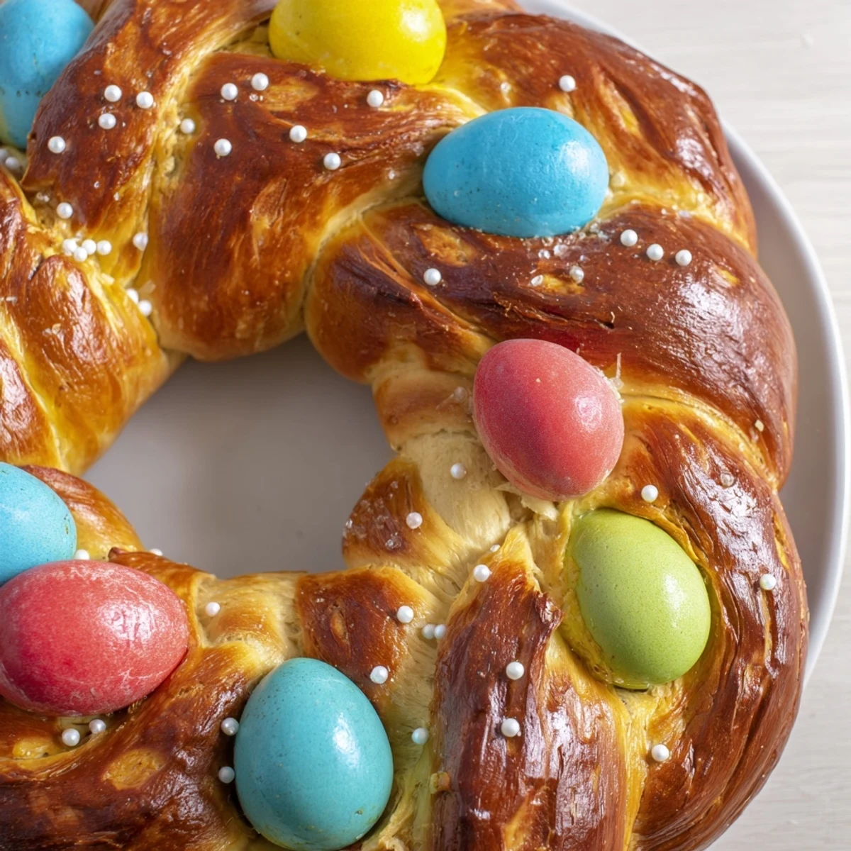 Golden braided Easter Bread Wreath with Colored Eggs showcased as a festive holiday centerpiece on a table.