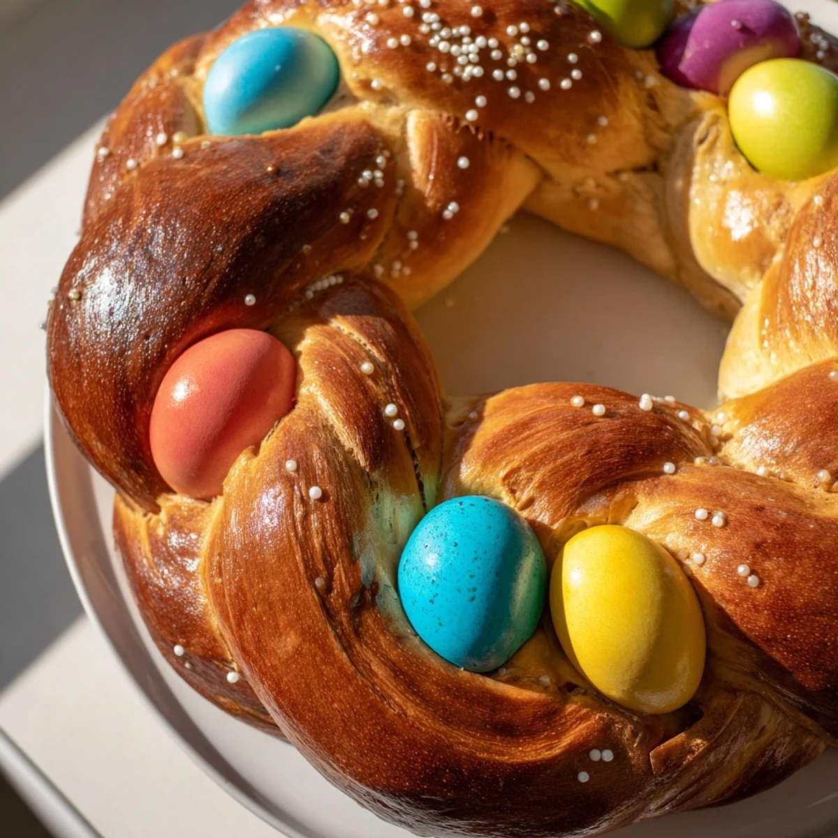 This Easter Bread Wreath with Colored Eggs glistens with an egg wash and colorful sprinkles for serving.