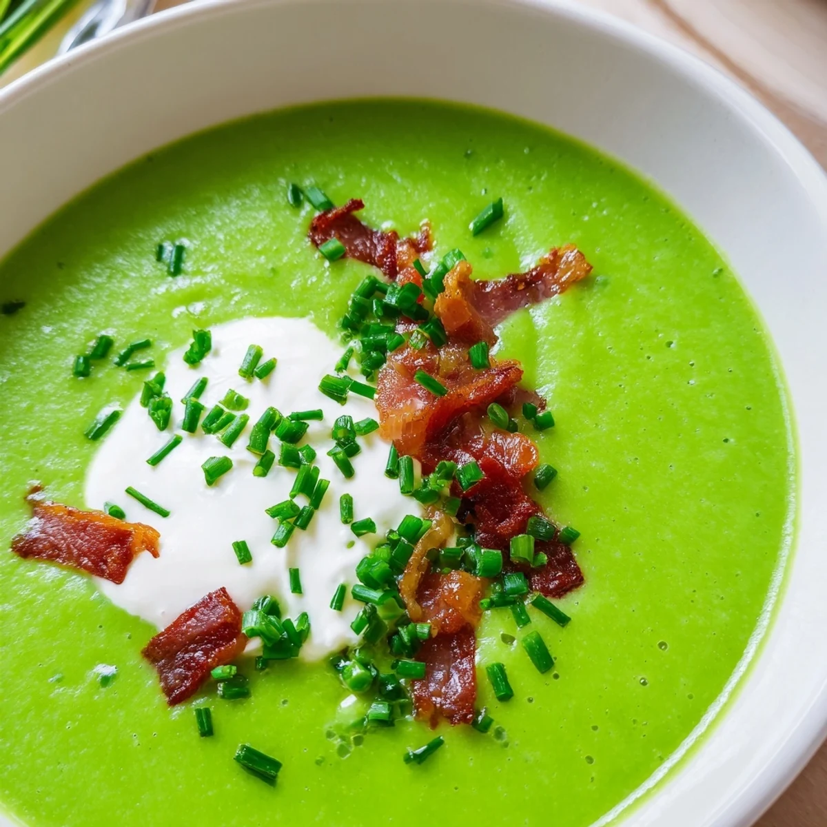 Vibrant Spring Pea Soup served warm in a white bowl beside a glass of chilled white wine.