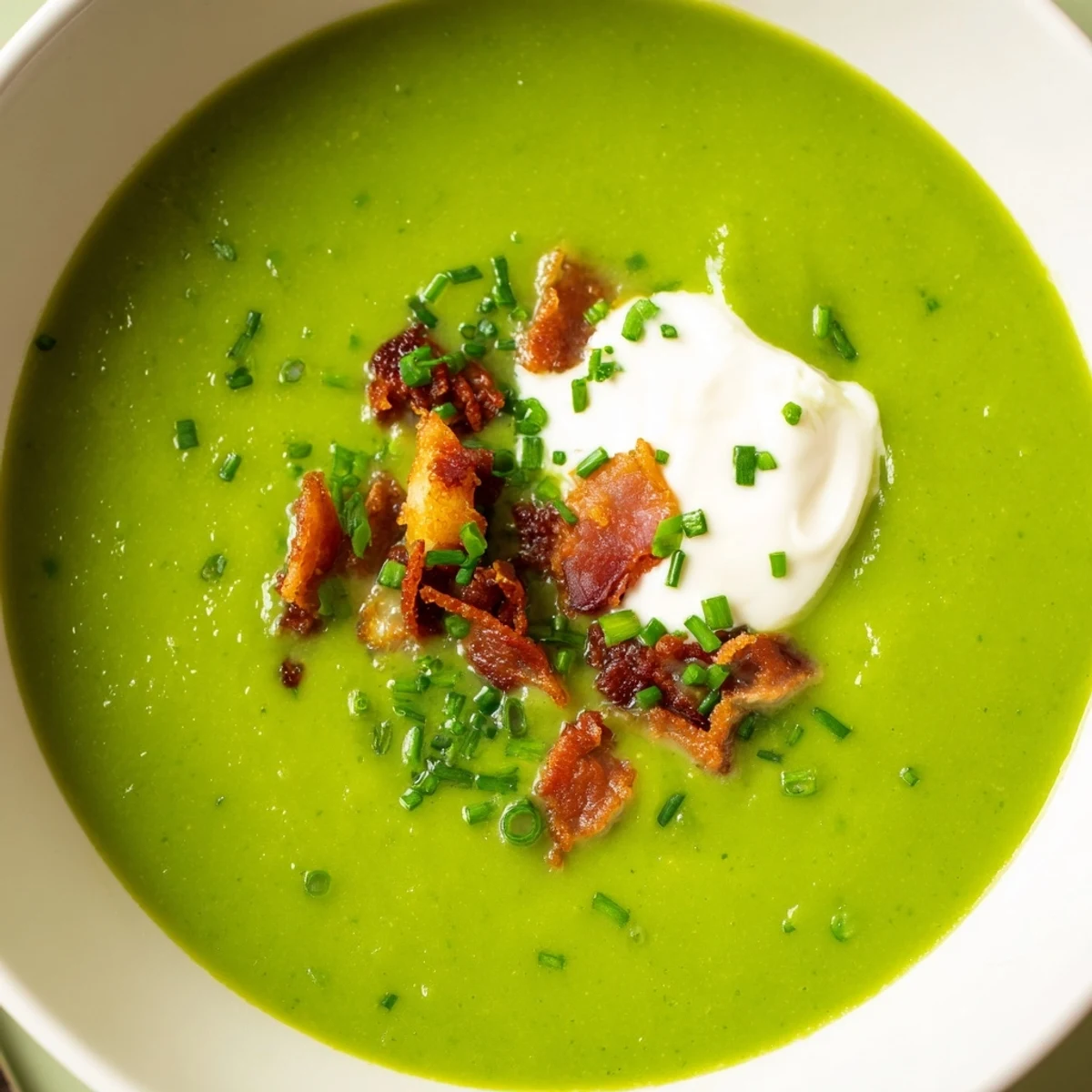 Spring Pea Soup garnished with creamy dollops of crème fraîche and chopped chives on a rustic table.