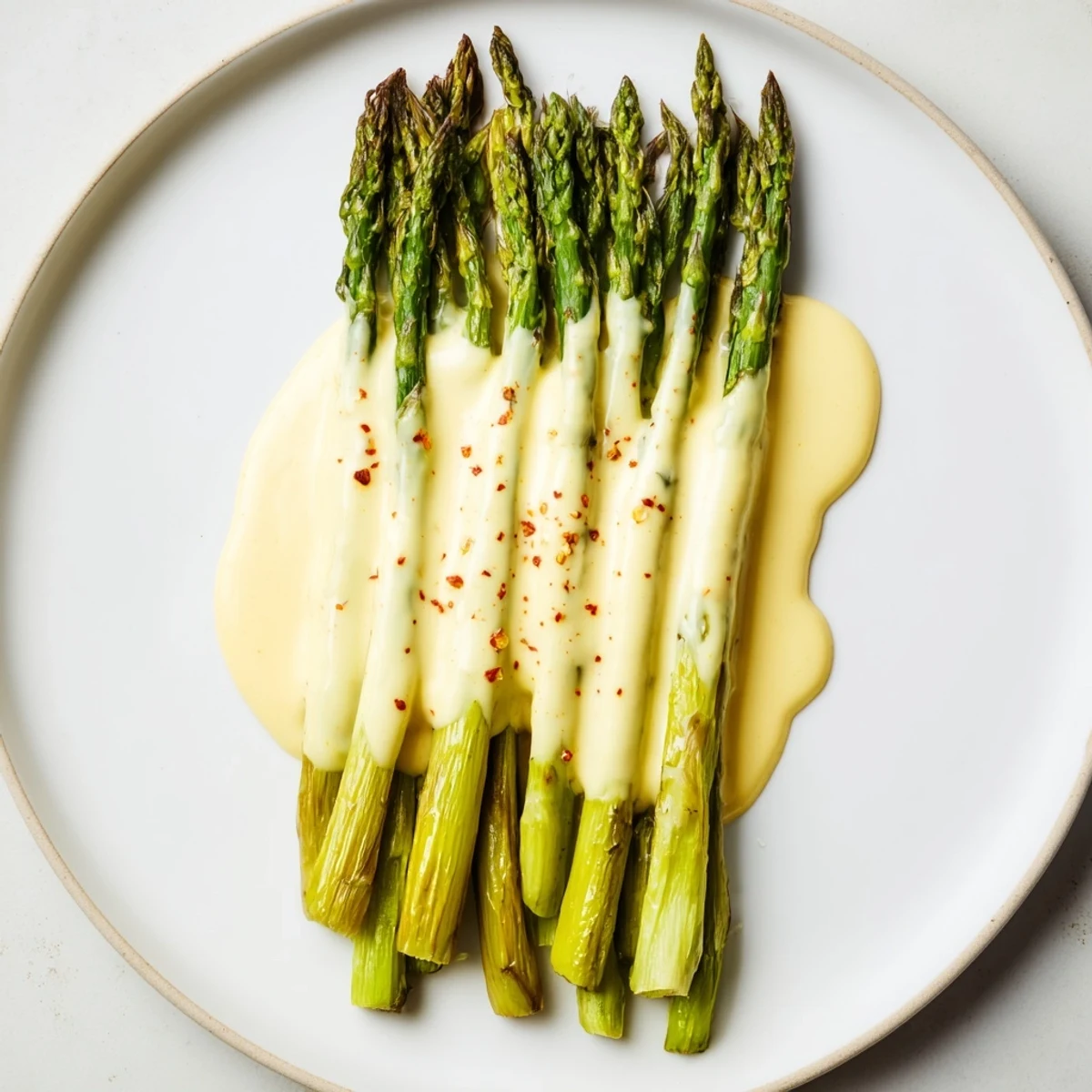 Tender roasted asparagus spears drizzled with creamy homemade Hollandaise sauce on a white platter.