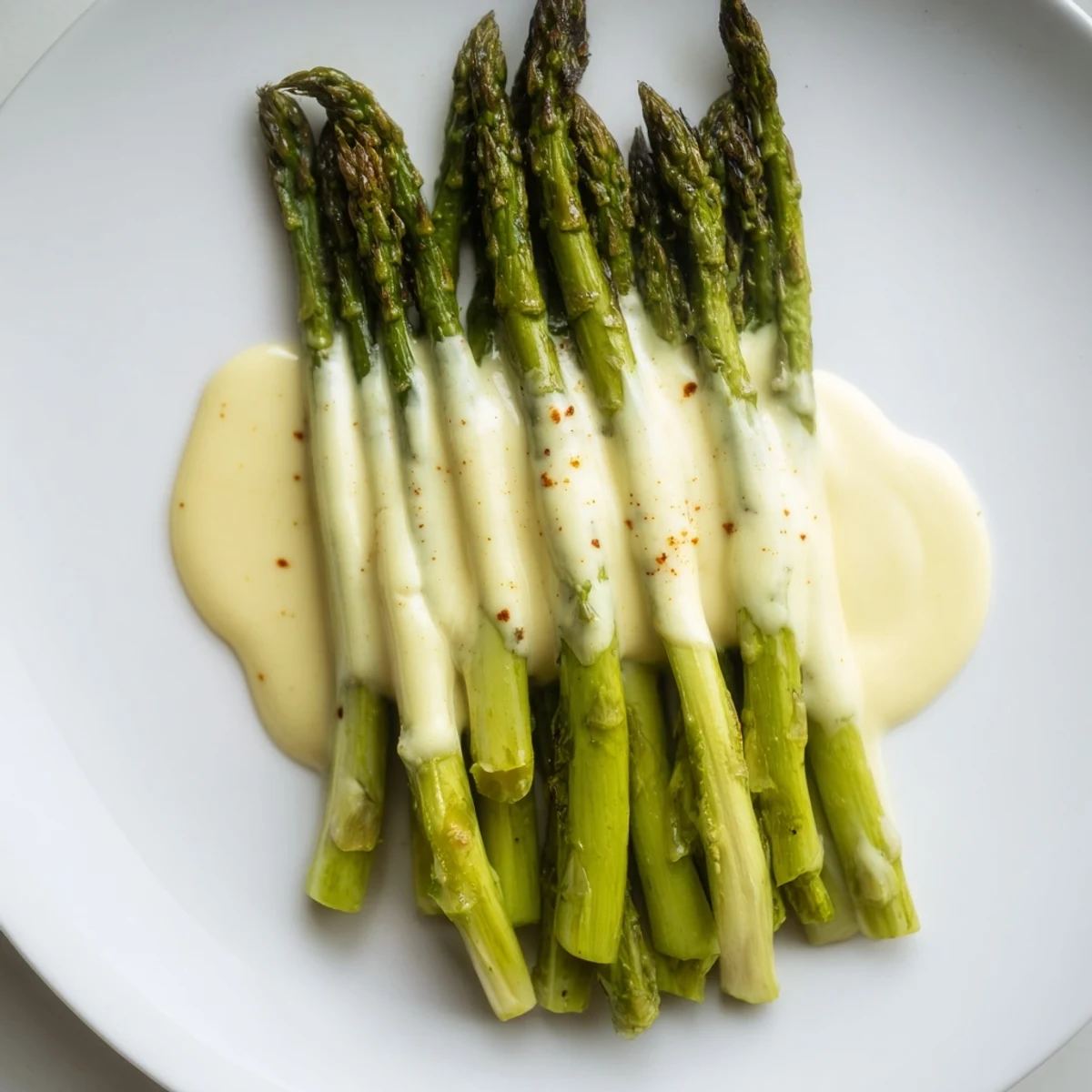 Roasted Asparagus with Hollandaise Sauce glistens under fresh herbs as an elegant vegetarian side dish.