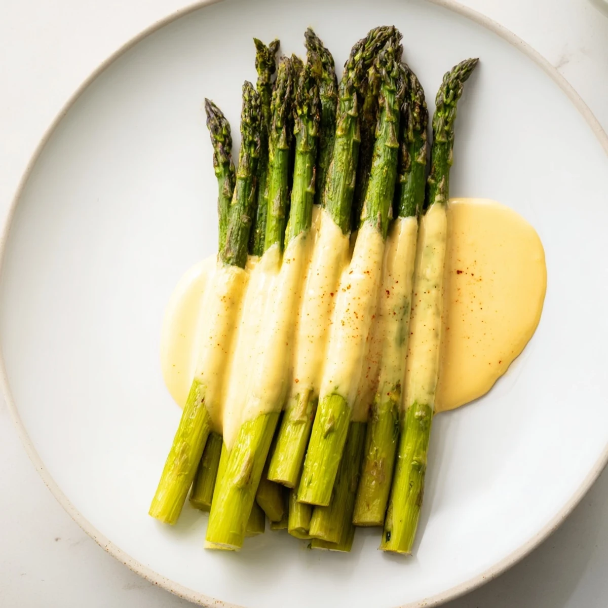 Roasted Asparagus with Hollandaise Sauce served warm beside a glass of crisp white wine.