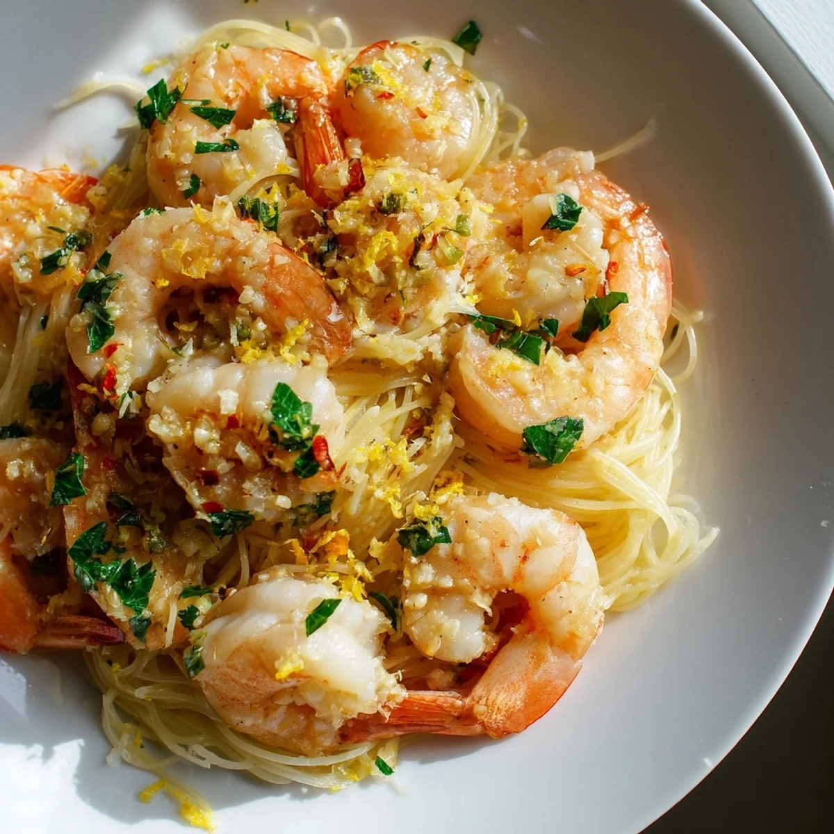 Tender angel hair pasta coated in zesty lemon garlic butter sauce with succulent large shrimp, garnished with fresh parsley.