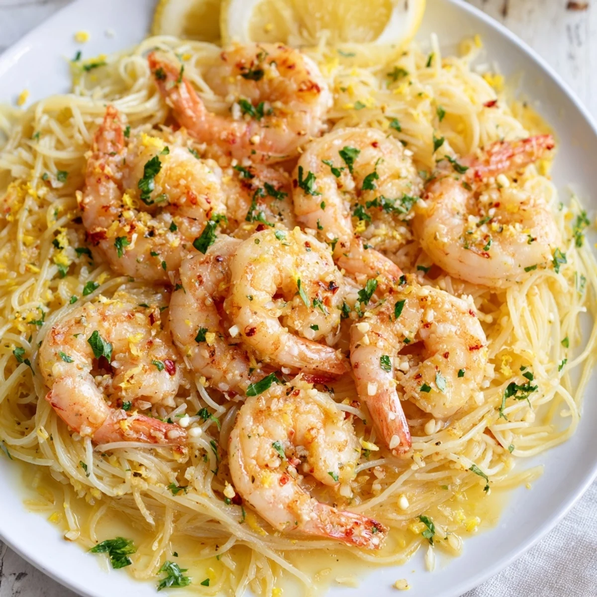 Perfect weeknight dinner featuring Lemon Garlic Butter Shrimp with Angel Hair, garnished with parsley and red pepper flakes for heat.