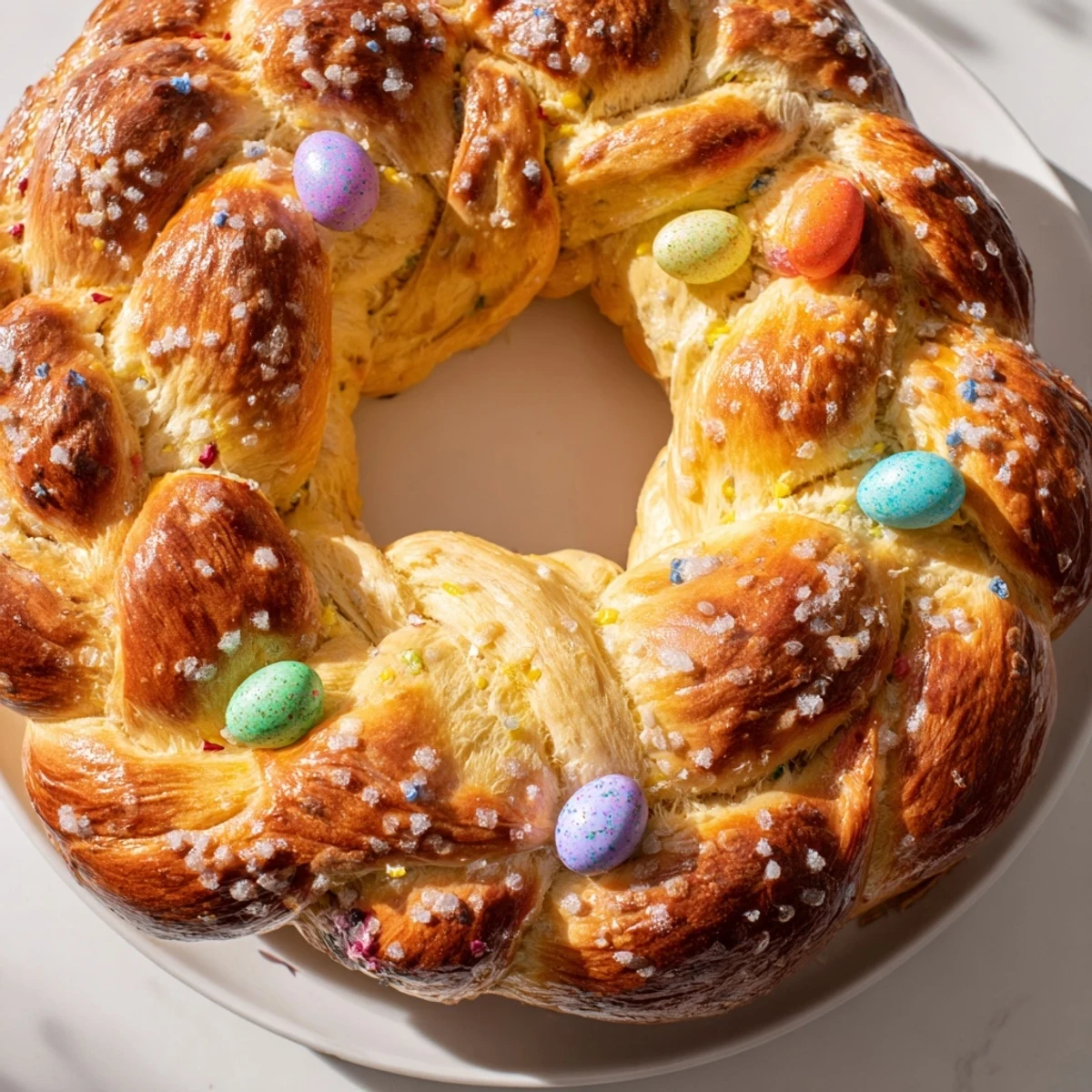 A close-up of the finished Easter Bread Wreath with Colored Eggs on a wooden serving board, showcasing its golden-brown braided crust and vibrant dyed eggs nestled within the warm, sweet dough.
