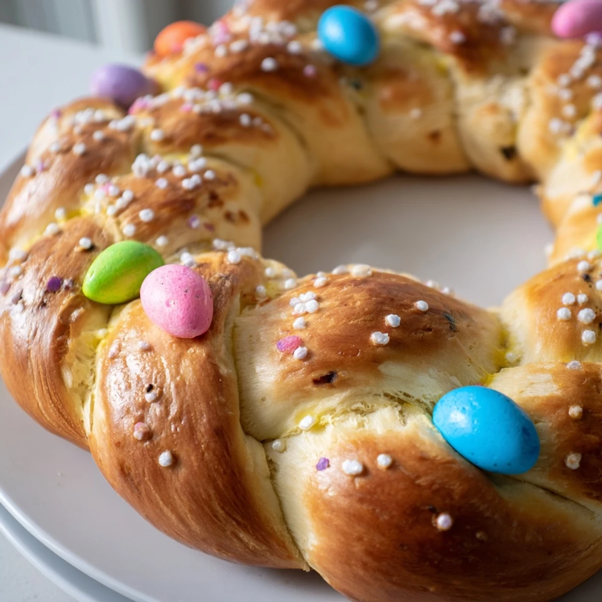 Sliced pieces of the Easter Bread Wreath with Colored Eggs reveal a soft, fluffy interior, ready to be enjoyed with a cup of coffee during a festive spring brunch.