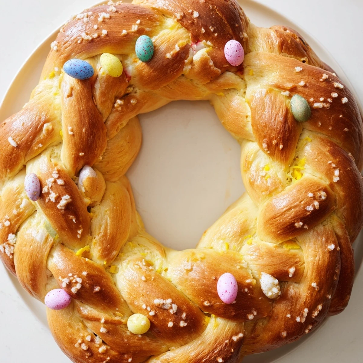 Freshly baked Easter Bread Wreath with Colored Eggs cooling on a wire rack, with bright colorful eggs peeking out from the delicate, slightly sweet braided bread.