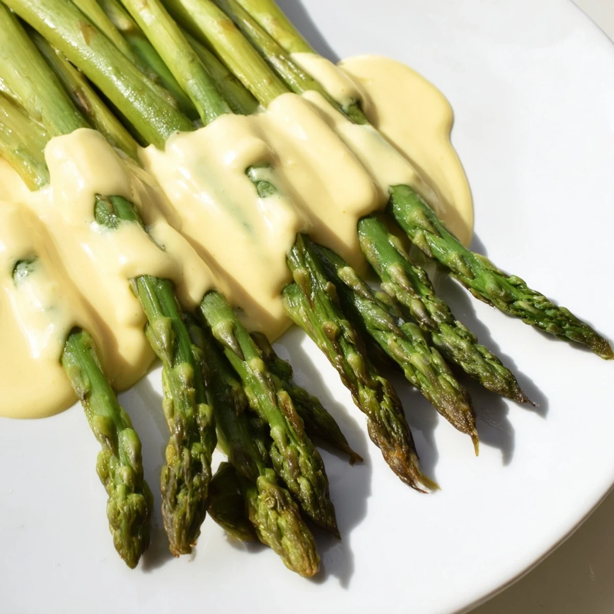 Roasted Asparagus with Hollandaise Sauce glows on a white plate, spears green and caramelized, creamy sauce pooled in the center for a springtime side dish.