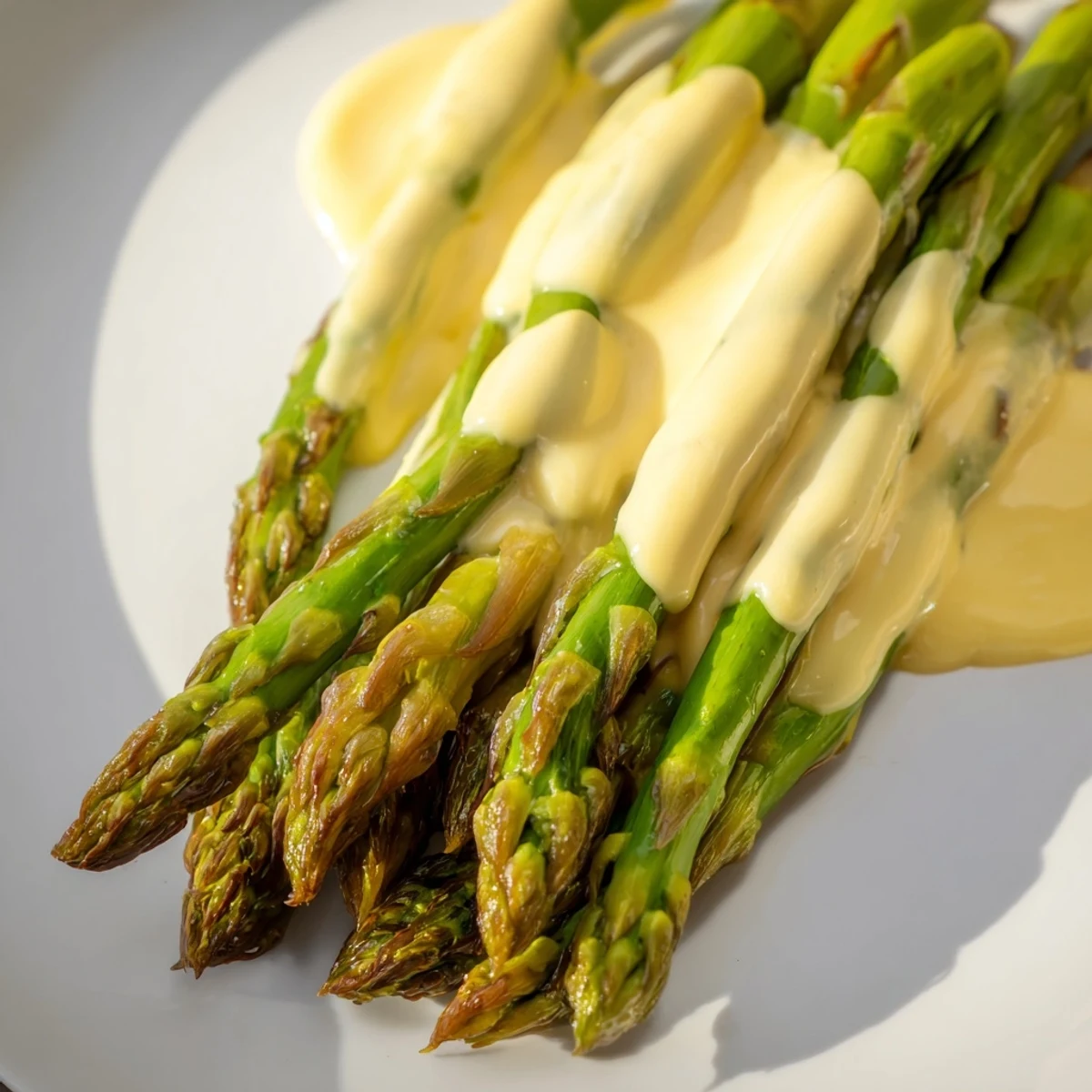 A close-up of Roasted Asparagus with Hollandaise Sauce shows drizzled sauce over tender spears, garnished with lemon zest for bright, tangy flavor on a dinner plate.