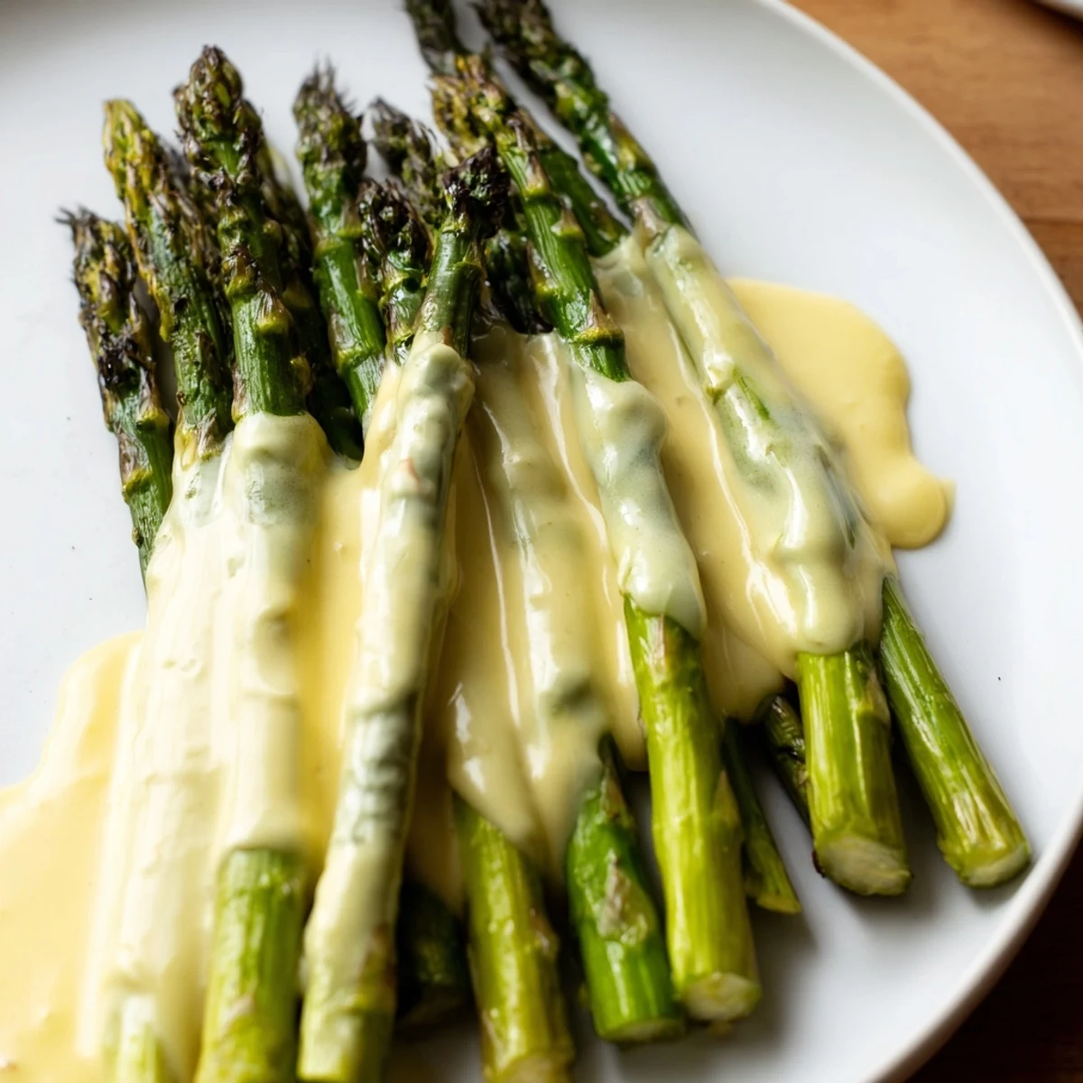 Serve Roasted Asparagus with Hollandaise Sauce warm alongside grilled salmon, the rich hollandaise clinging to each spear, perfect for a special holiday meal.
