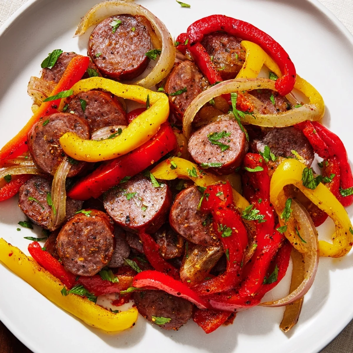 Golden-brown beef sausage sizzles beside vibrant red, yellow, and green bell peppers in this savory Beef Sausage and Bell Pepper Skillet, garnished with fresh parsley.