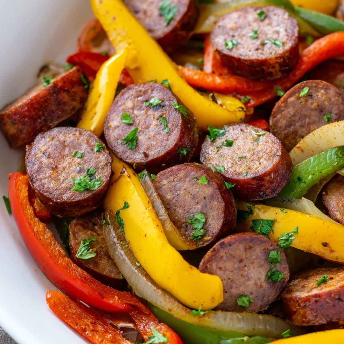 A close-up view of the sizzling Beef Sausage and Bell Pepper Skillet shows tender peppers and aromatic spices mingling with hearty sliced beef sausage.