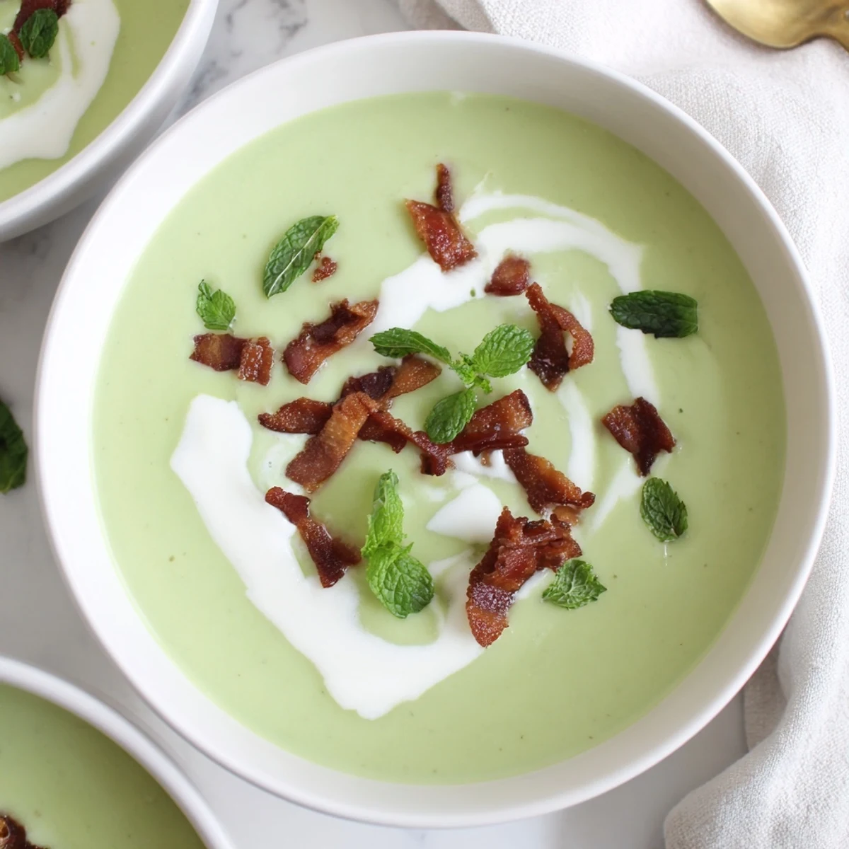 A bowl of Spring Pea Soup garnished with creamy swirls and crispy turkey bacon, served on a rustic table.
