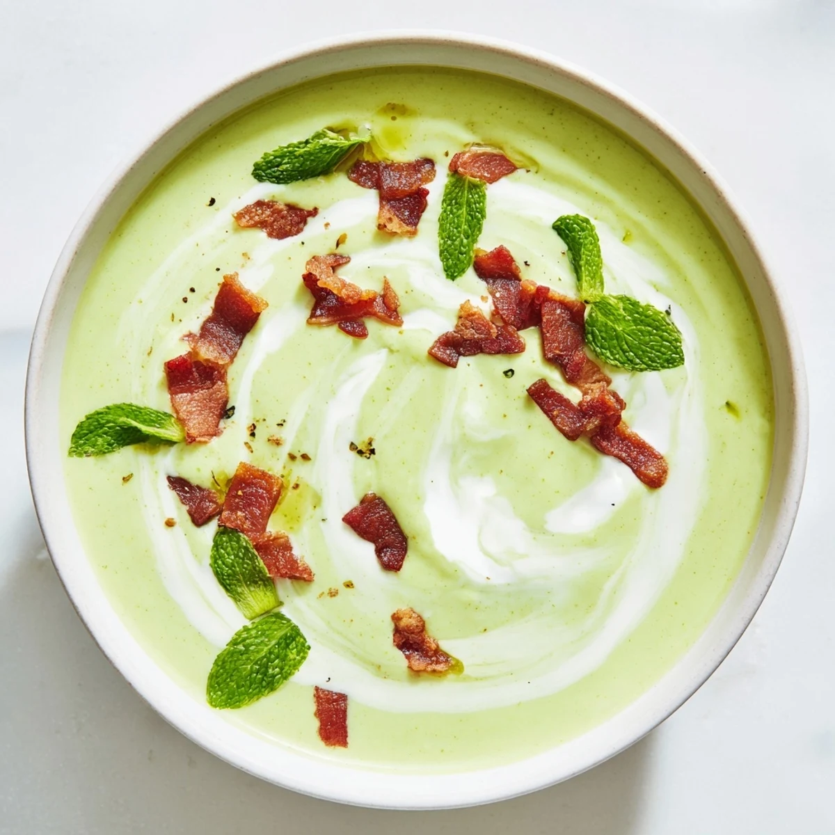 Bright green Spring Pea Soup in a white bowl topped with crispy turkey bacon crumbles and fresh mint leaves.