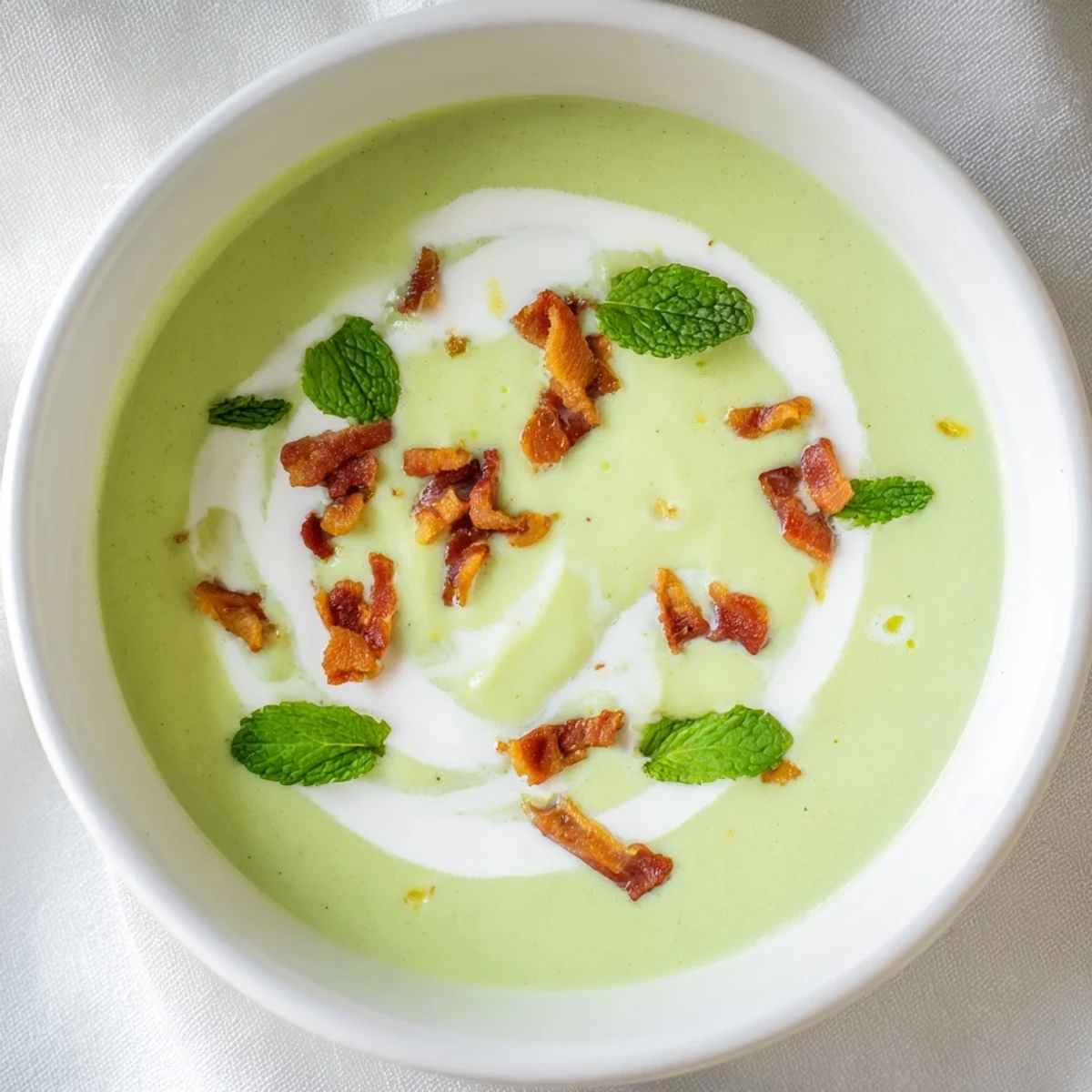 Vibrant Spring Pea Soup in a ceramic mug, finished with a dollop of cream and crunchy turkey bacon bits.