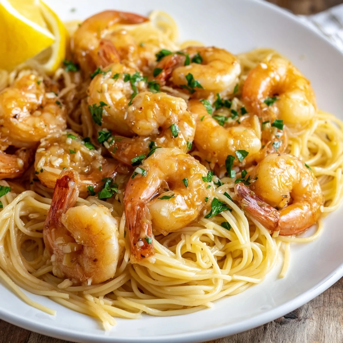 Freshly cooked Angel Hair pasta twirled on a fork, glistening in a zesty Lemon Garlic Butter Shrimp sauce.