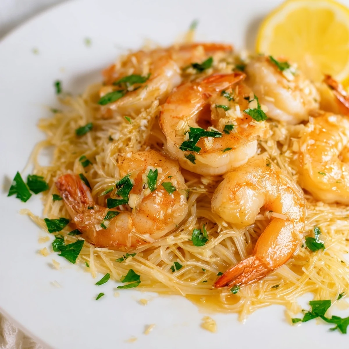 Serve this warm Lemon Garlic Butter Shrimp with angel hair pasta and lemon wedges for a weeknight dinner.
