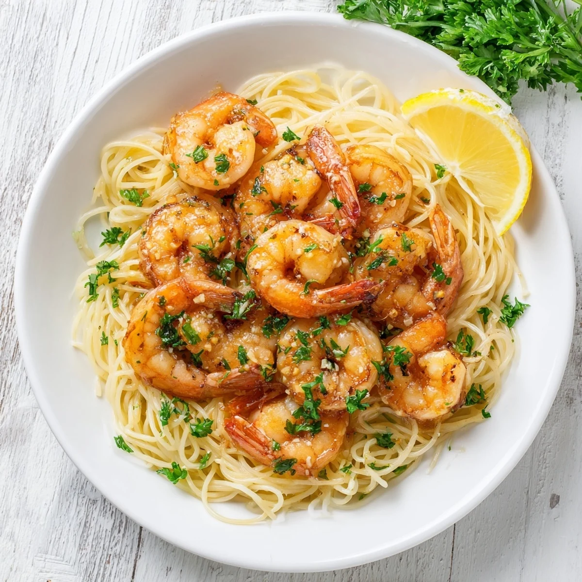 A close-up of tender Lemon Garlic Butter Shrimp resting on angel hair pasta, garnished with bright parsley.