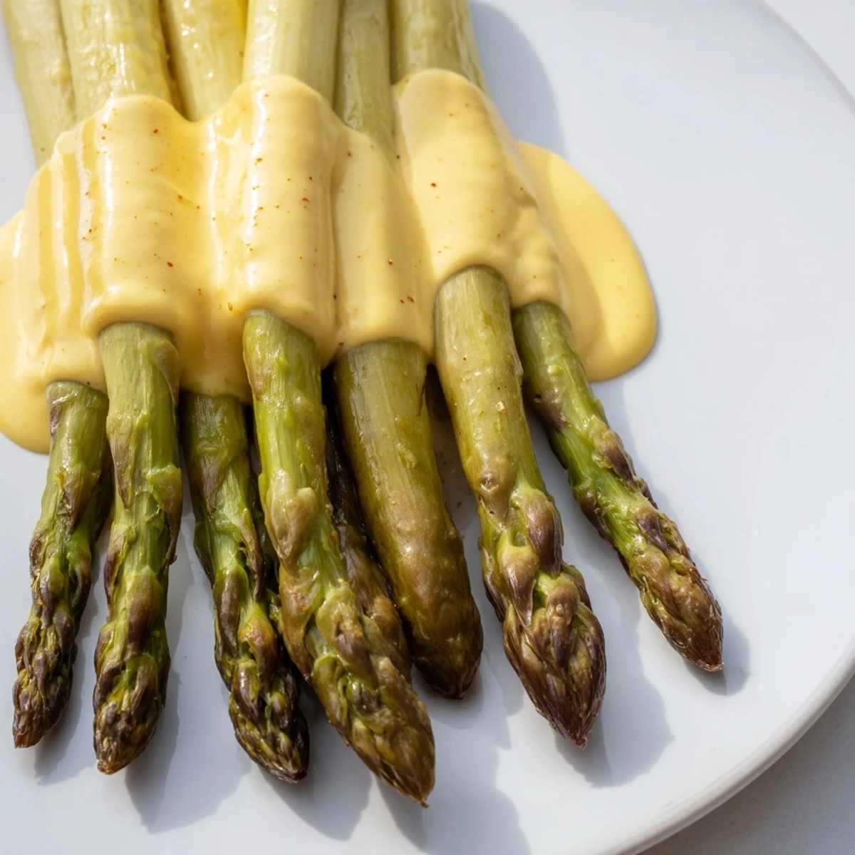 Golden roasted asparagus topped with rich hollandaise sauce, served alongside poached eggs for an elegant brunch recipe presentation.
