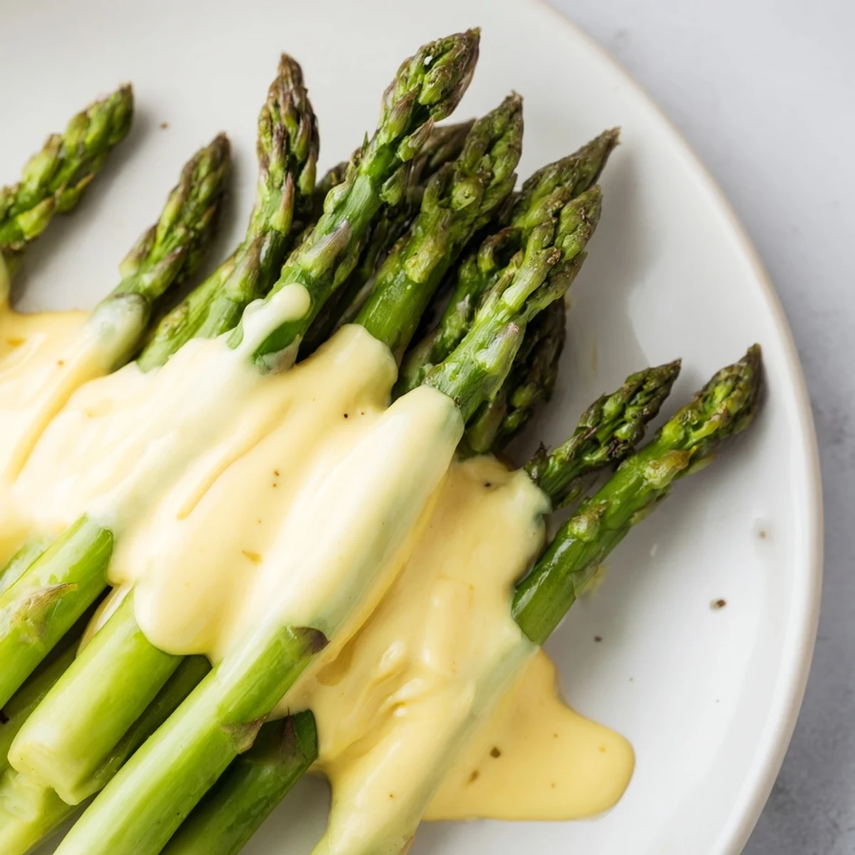 Bright green roasted asparagus with hollandaise sauce glistens on a white plate, garnished with fresh chives for a spring side dish.