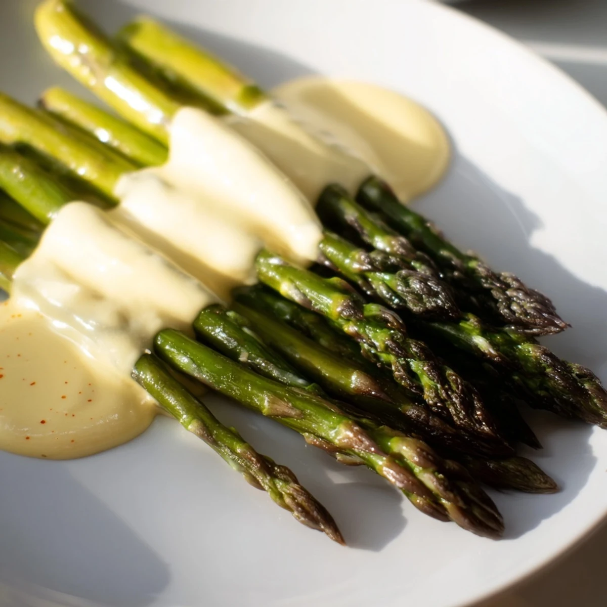 Tender roasted asparagus spears drizzled with velvety hollandaise sauce, arranged on a rustic wooden board for a French-inspired side dish.