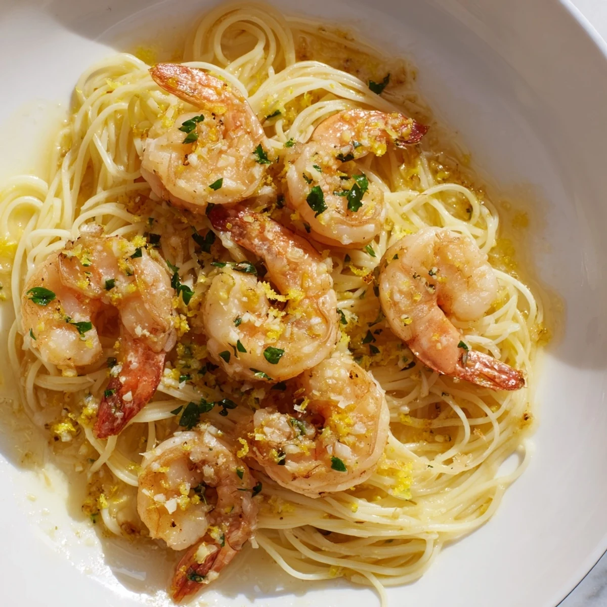 Freshly cooked Lemon Garlic Butter Shrimp with Angel Hair Pasta twirled in a fork with parsley garnish on a white plate.