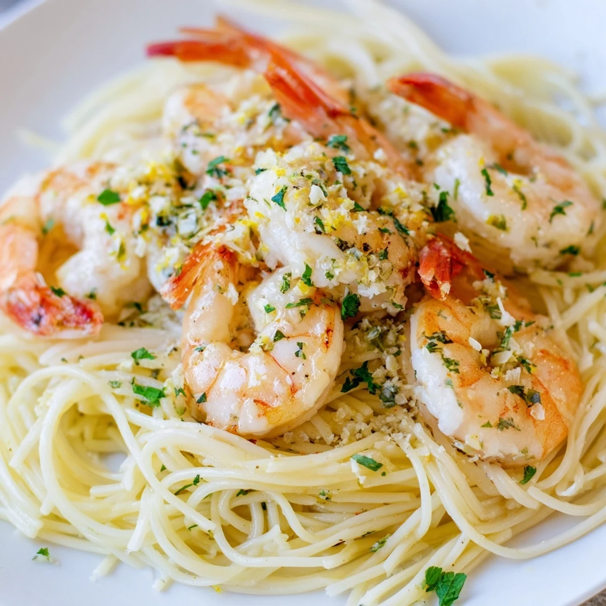 Plated serving of Lemon Garlic Butter Shrimp with Angel Hair Pasta, garnished with fresh parsley and a drizzle of lemony sauce.