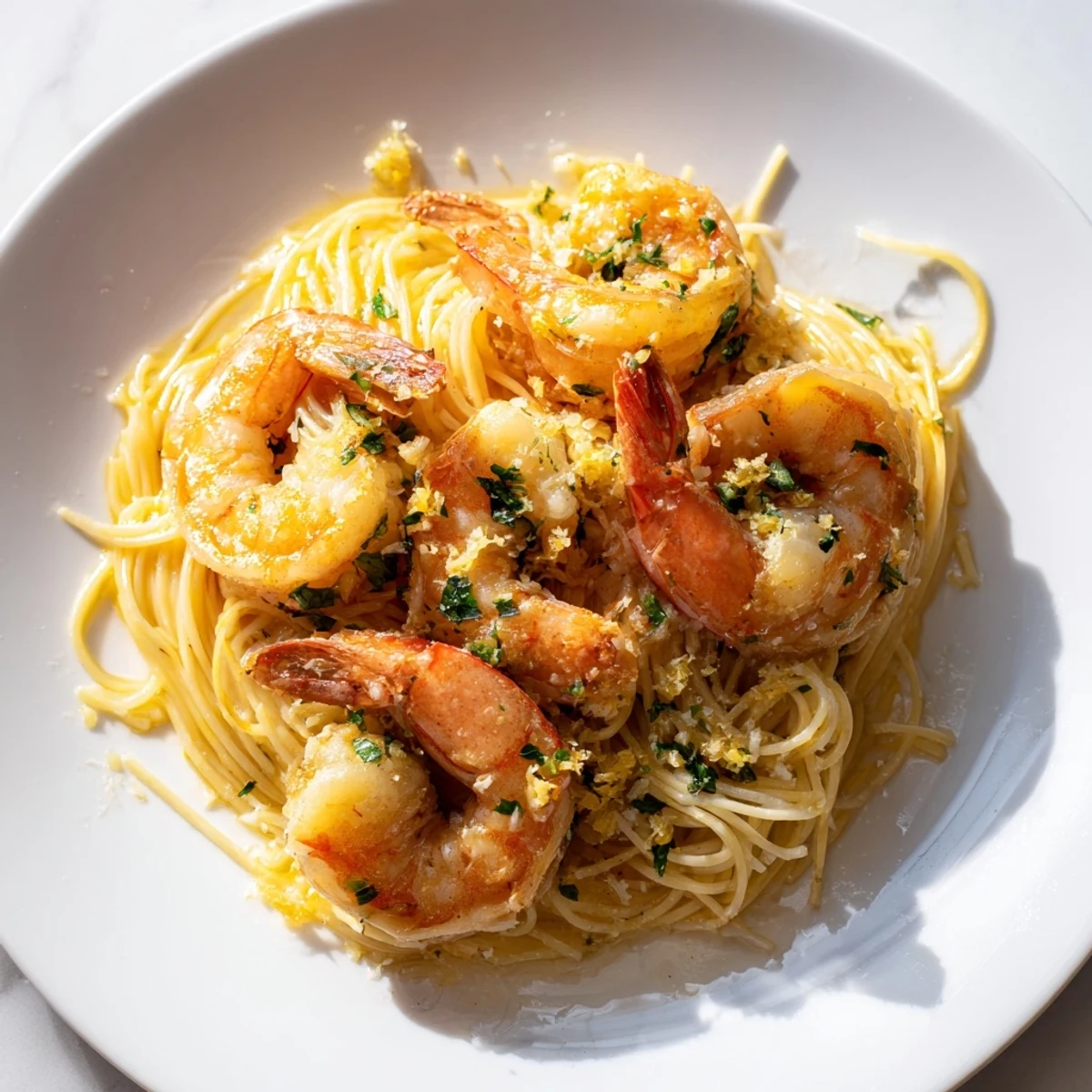 Close-up of Lemon Garlic Butter Shrimp with Angel Hair Pasta in a skillet with lemon wedges and garlic cloves nearby.