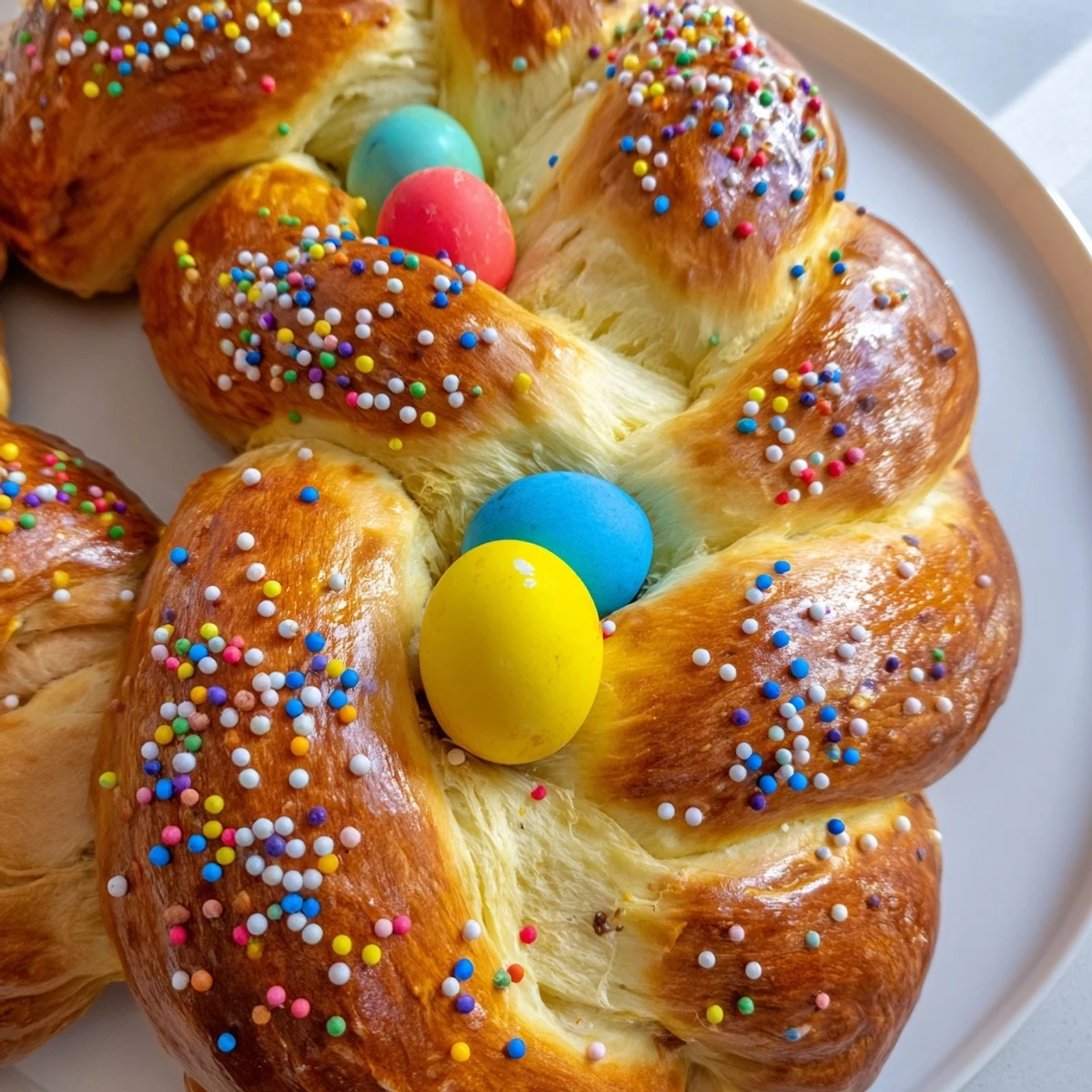 A close-up of Easter Bread with Colored Eggs, showing a flaky crust and pastel eggs peeking from the braided loaf.