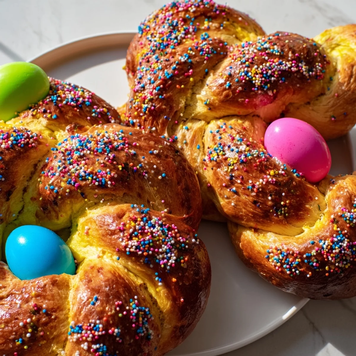Easter Bread with Colored Eggs in a golden braid, with vibrant dyed eggs nestled into the sweet dough on a spring table.
