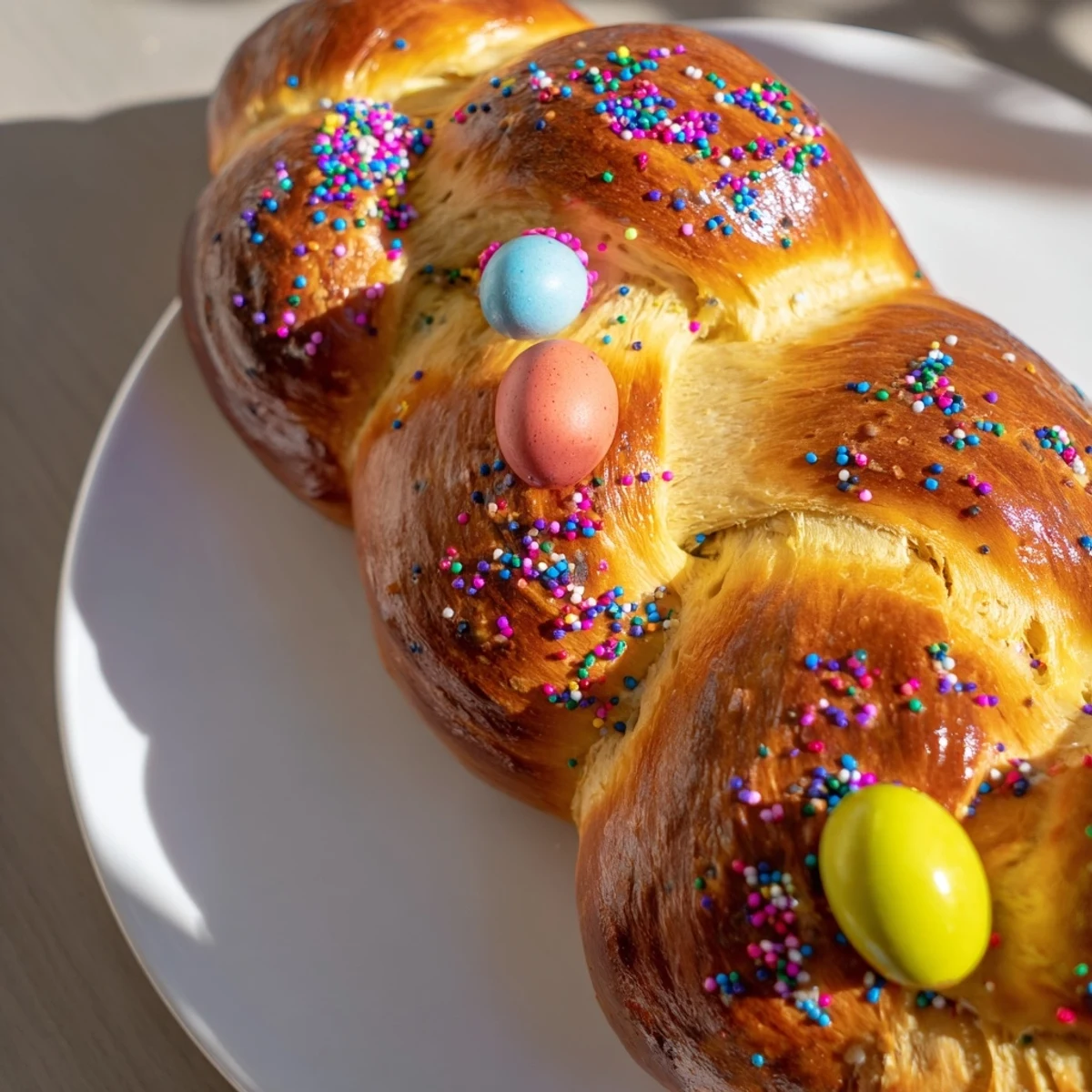 Sliced Easter Bread with Colored Eggs reveals soft interior crumbs, ready to serve warm with butter for Easter morning.