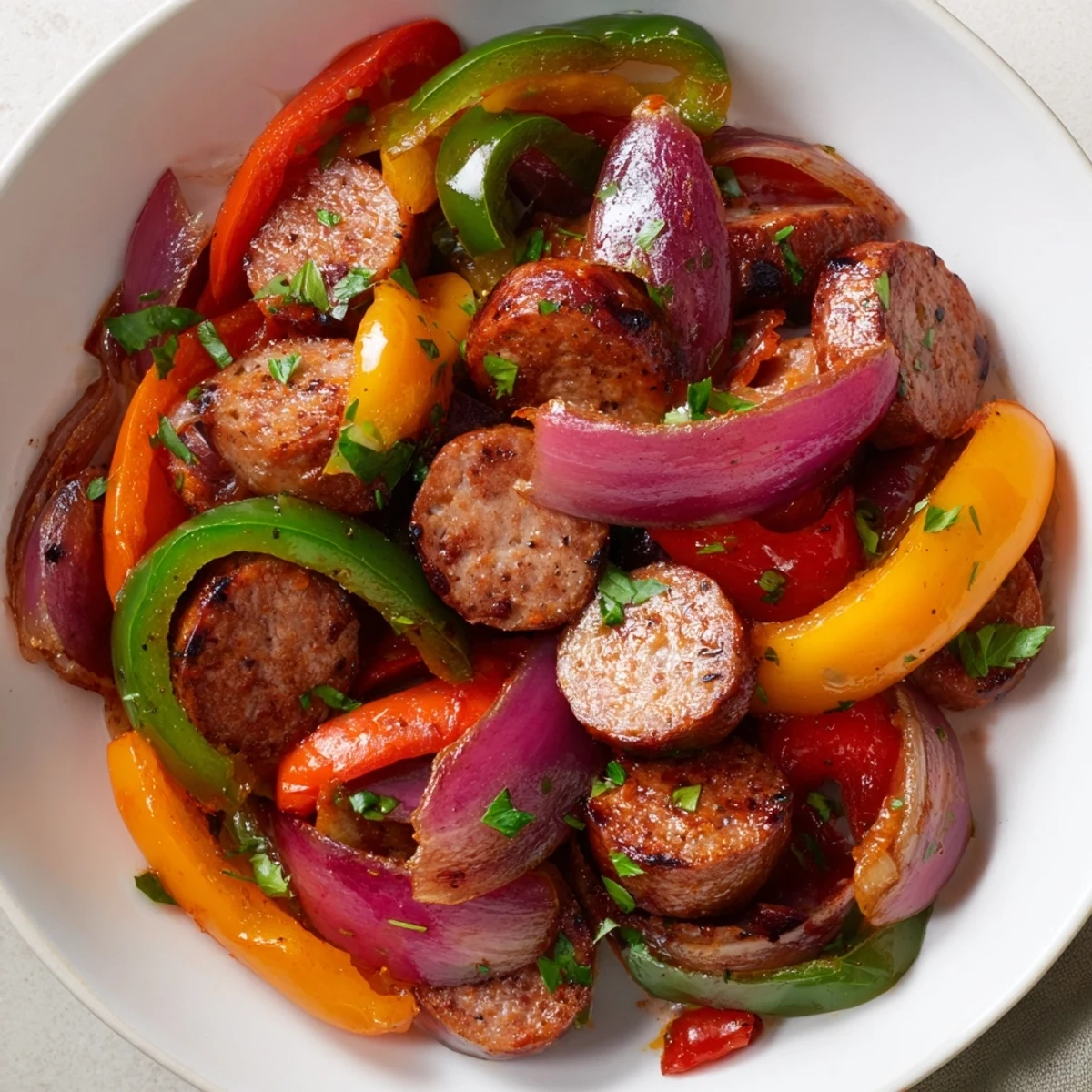 Vibrant Beef Sausage and Pepper Skillet sizzling in a pan with caramelized onions and herbs.