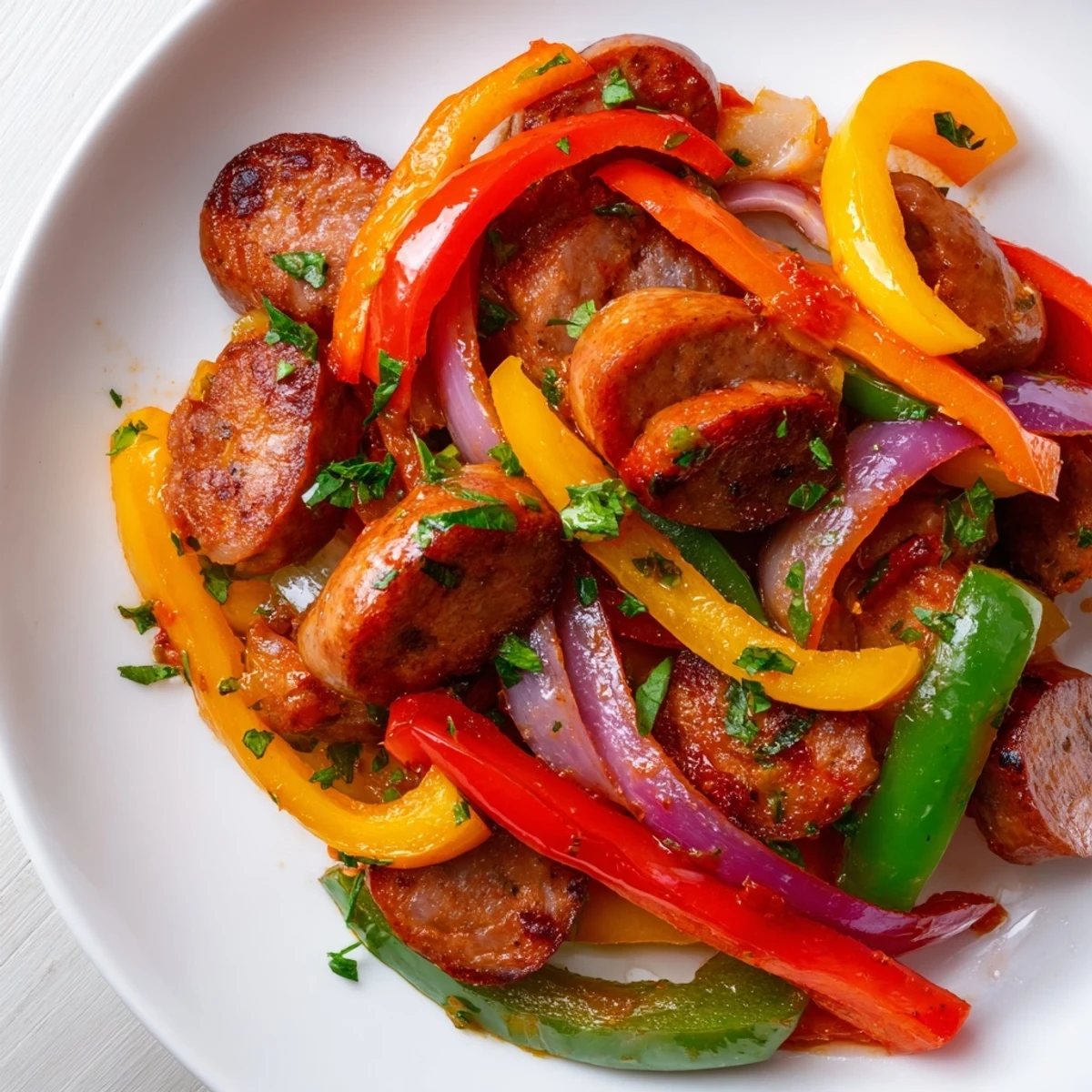 Savory Beef Sausage and Pepper Skillet served over fluffy rice, garnished with fresh parsley.