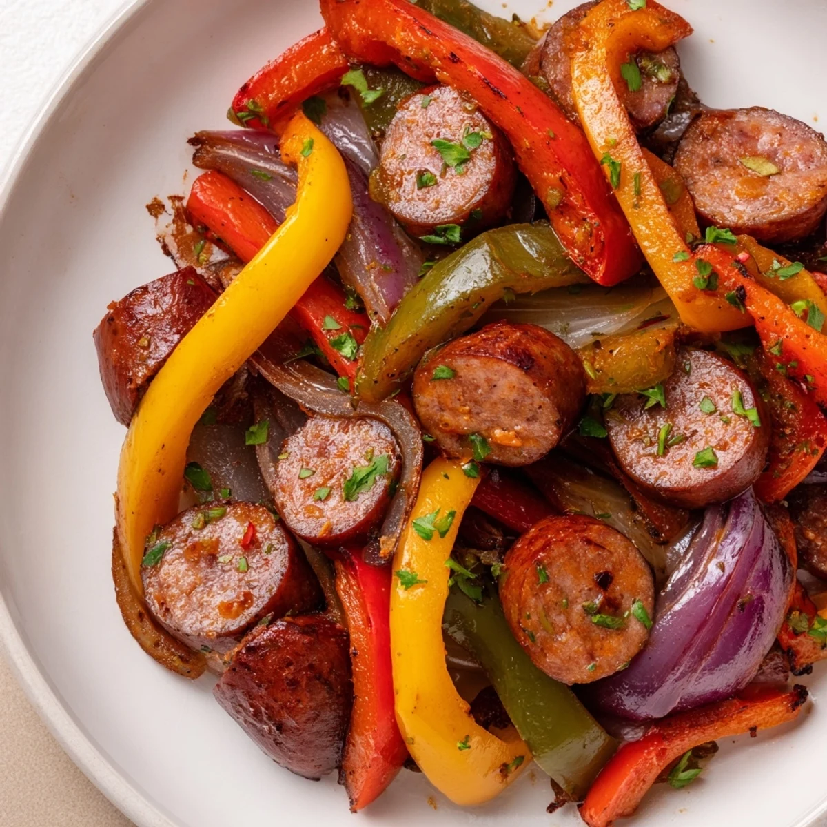 Colorful Beef Sausage and Pepper Skillet ready for a weeknight dinner, featuring juicy sausages and peppers.