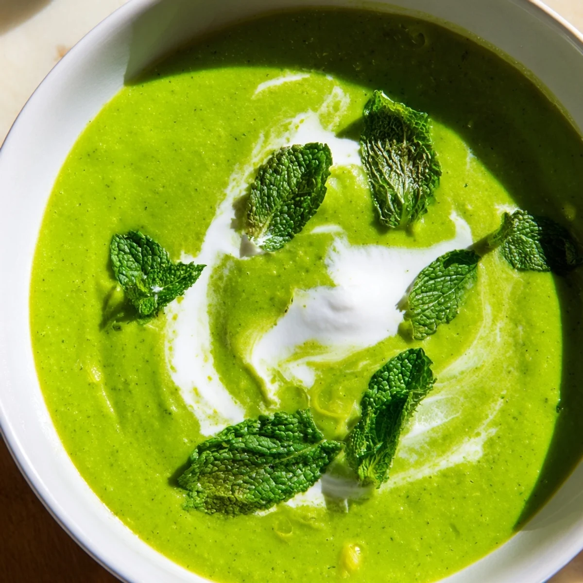 A vibrant green bowl of Spring Pea Soup with Mint and Crème Fraîche, garnished with fresh mint leaves and a creamy swirl.