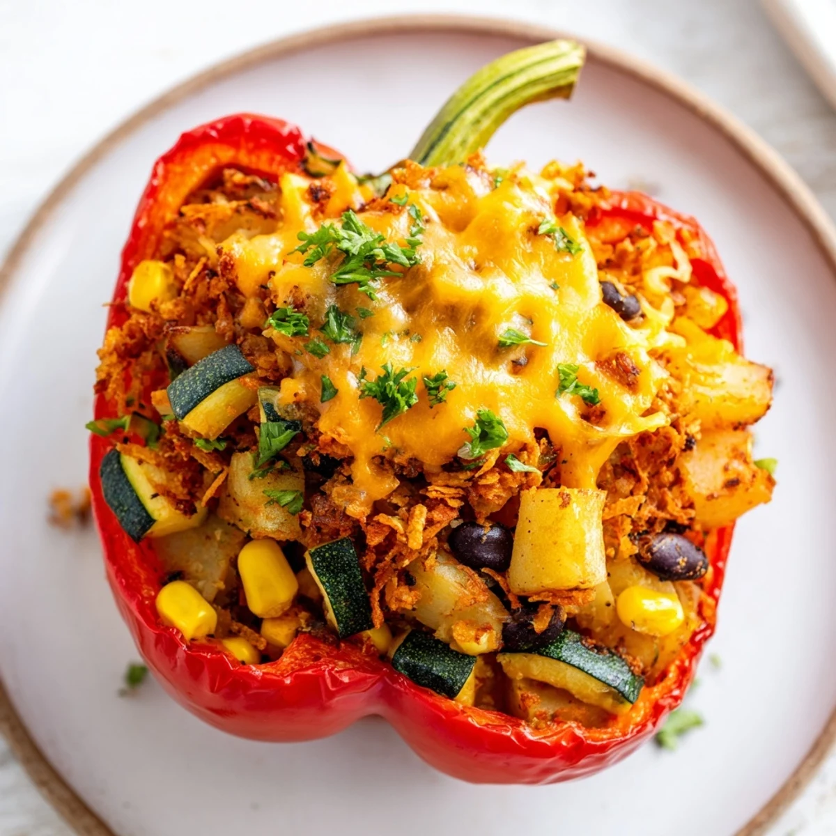 A vibrant photo of Cajun Potato Stuffed Bell Peppers with melted cheese and parsley garnish on a rustic plate.