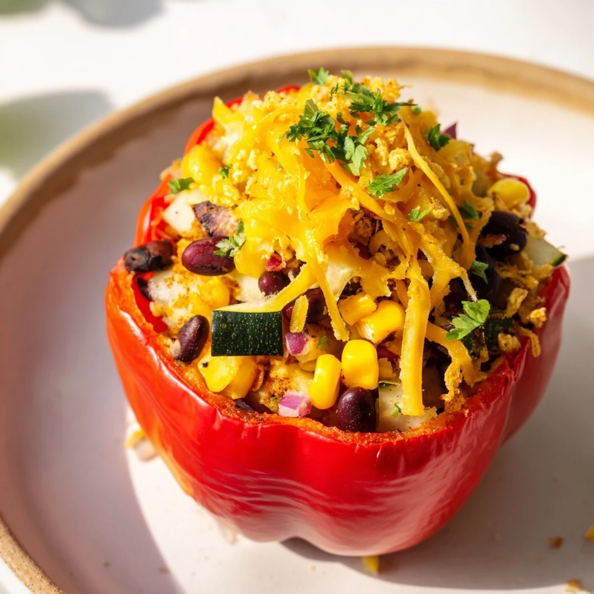 Close-up of Cajun Potato Stuffed Bell Peppers with a spicy, tender pepper and golden breadcrumb topping.
