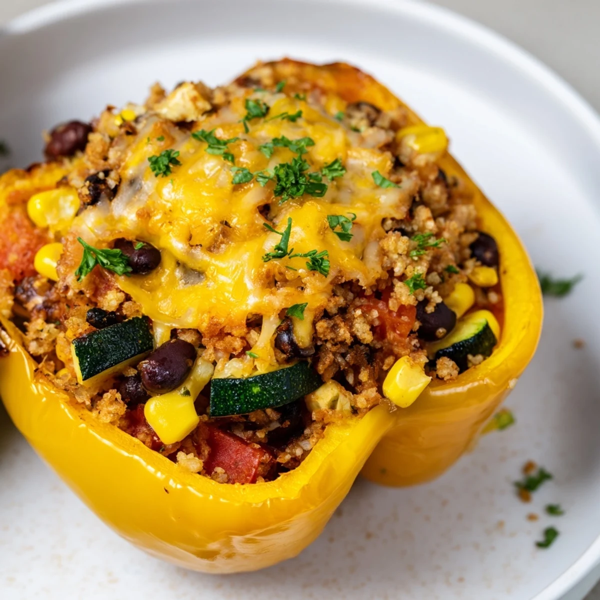 Golden-baked Cajun Potato Stuffed Bell Peppers served hot, revealing a hearty potato and black bean filling.