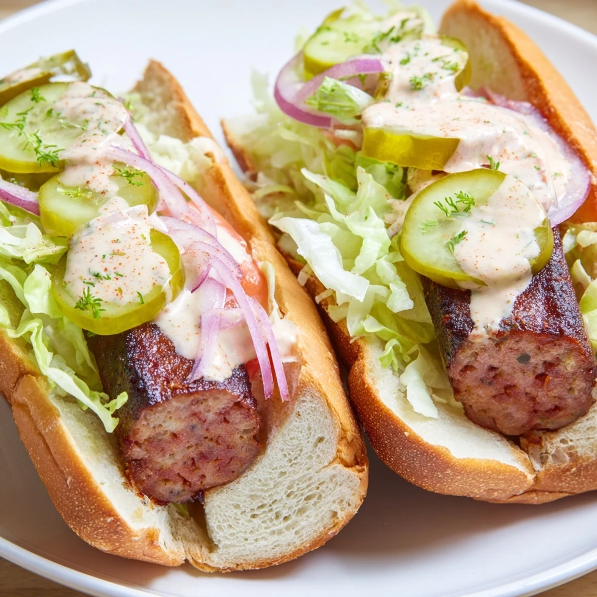 This hearty Grilled Cajun Beef Sausage Po Boy Sandwiches features a juicy sausage and creamy remoulade sauce.