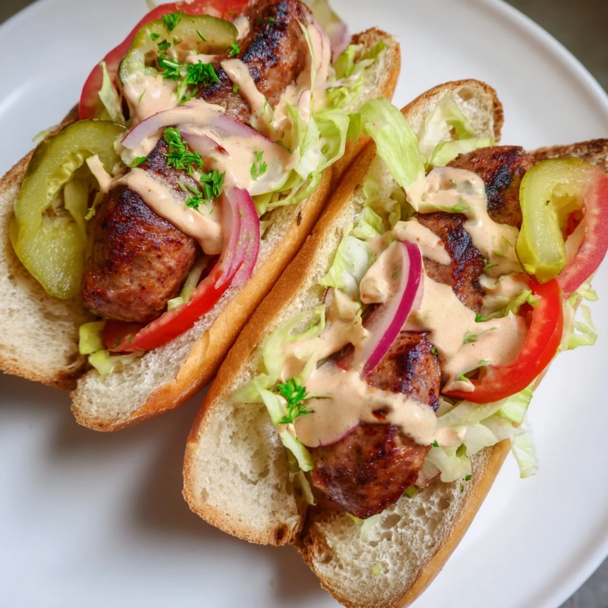 Grilled Cajun Beef Sausage Po Boy Sandwiches served on a crusty baguette with vibrant toppings.
