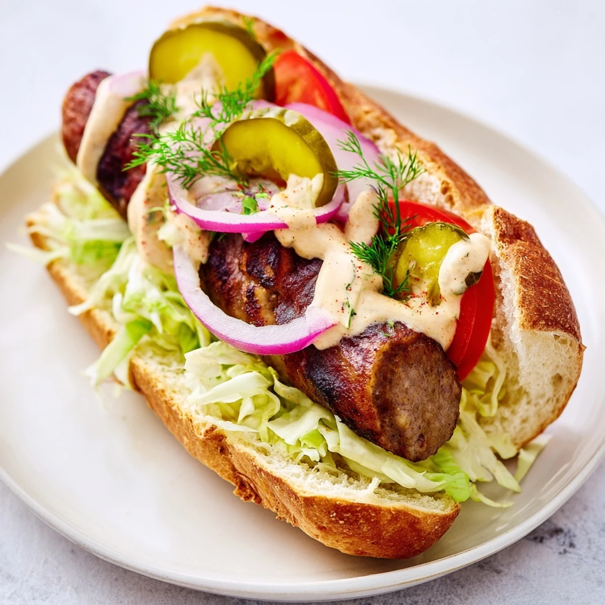 Crusty rolls hold the Grilled Cajun Beef Sausage Po Boy Sandwiches with lettuce, tomato, and tangy pickles.