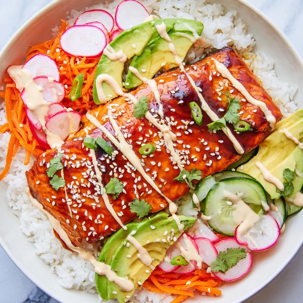 Golden teriyaki salmon rests on fluffy jasmine rice, topped with colorful quick-pickled veggies and creamy sriracha mayo.