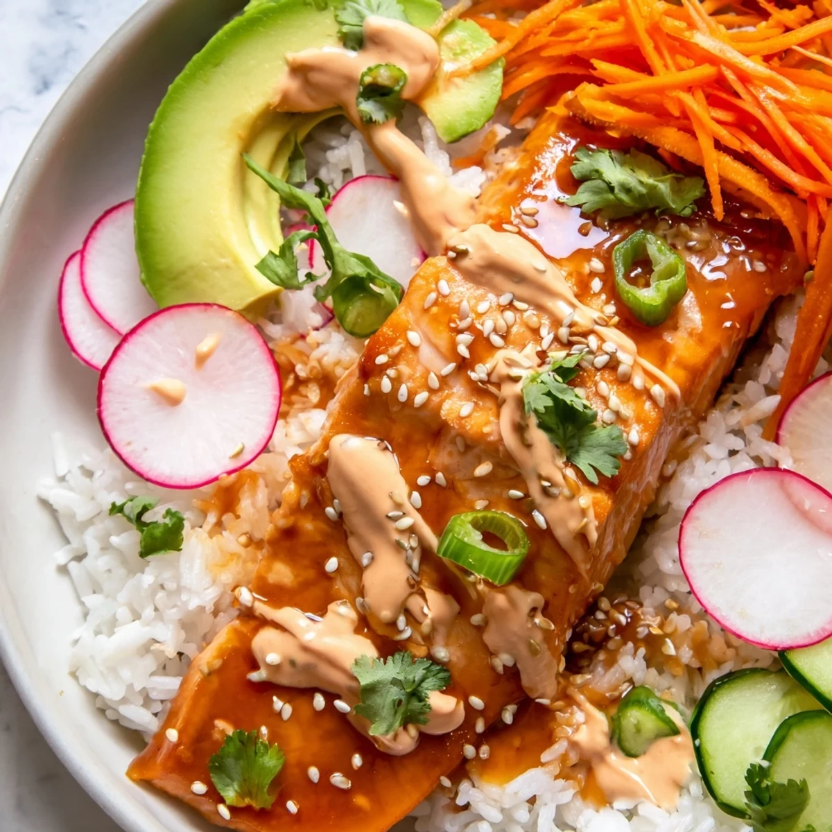 Delicious Teriyaki Salmon Rice Taco Bowls with Pickled Veggies are garnished with avocado and sesame seeds.