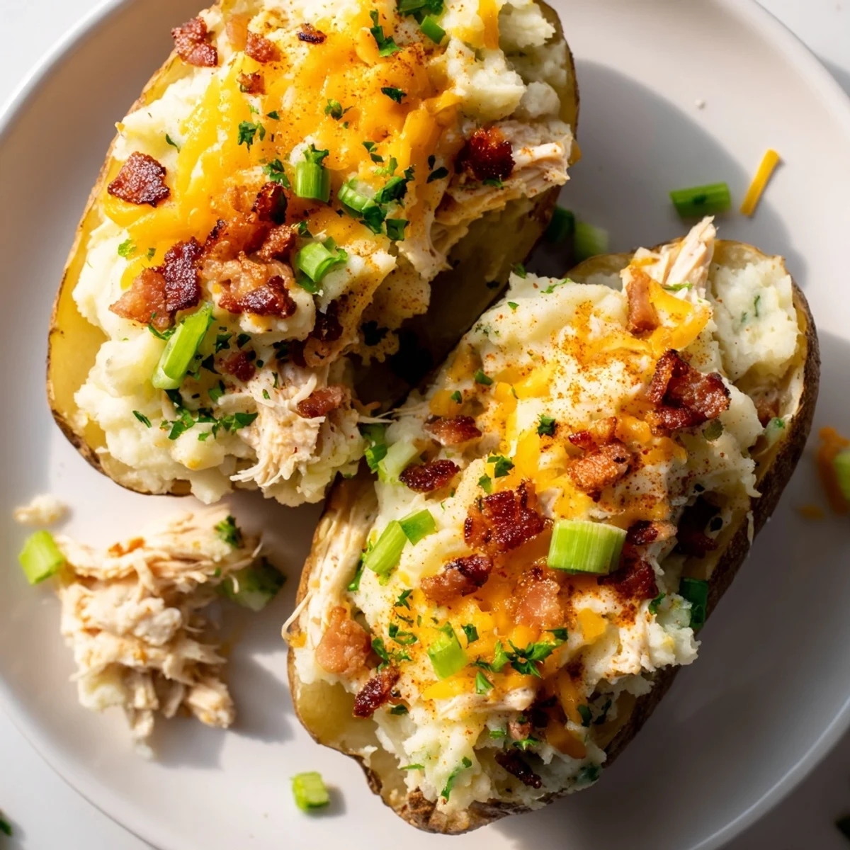 Crispy-skinned russet potatoes stuffed with savory Mud Chicken Stuffed Twice Baked Potatoes filled with creamy mashed potato and tender shredded chicken, topped with melted cheddar cheese and fresh parsley.