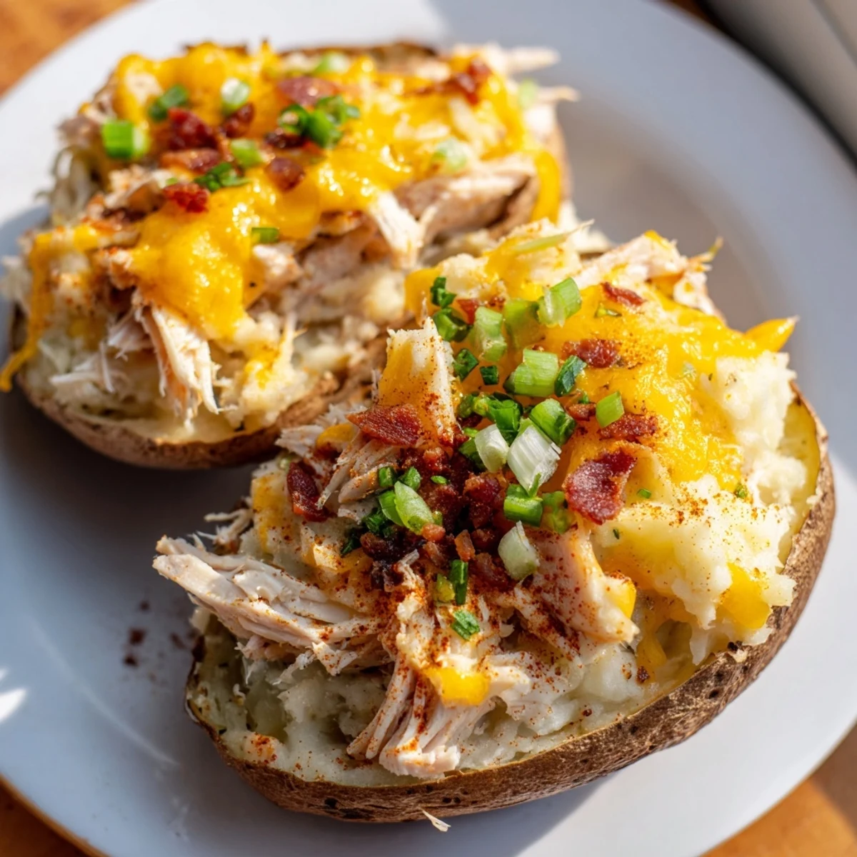 A close-up of golden-brown Mud Chicken Stuffed Twice Baked Potatoes, with a rich filling of shredded chicken, sour cream, and spices, served hot on a rustic plate for a hearty meal.