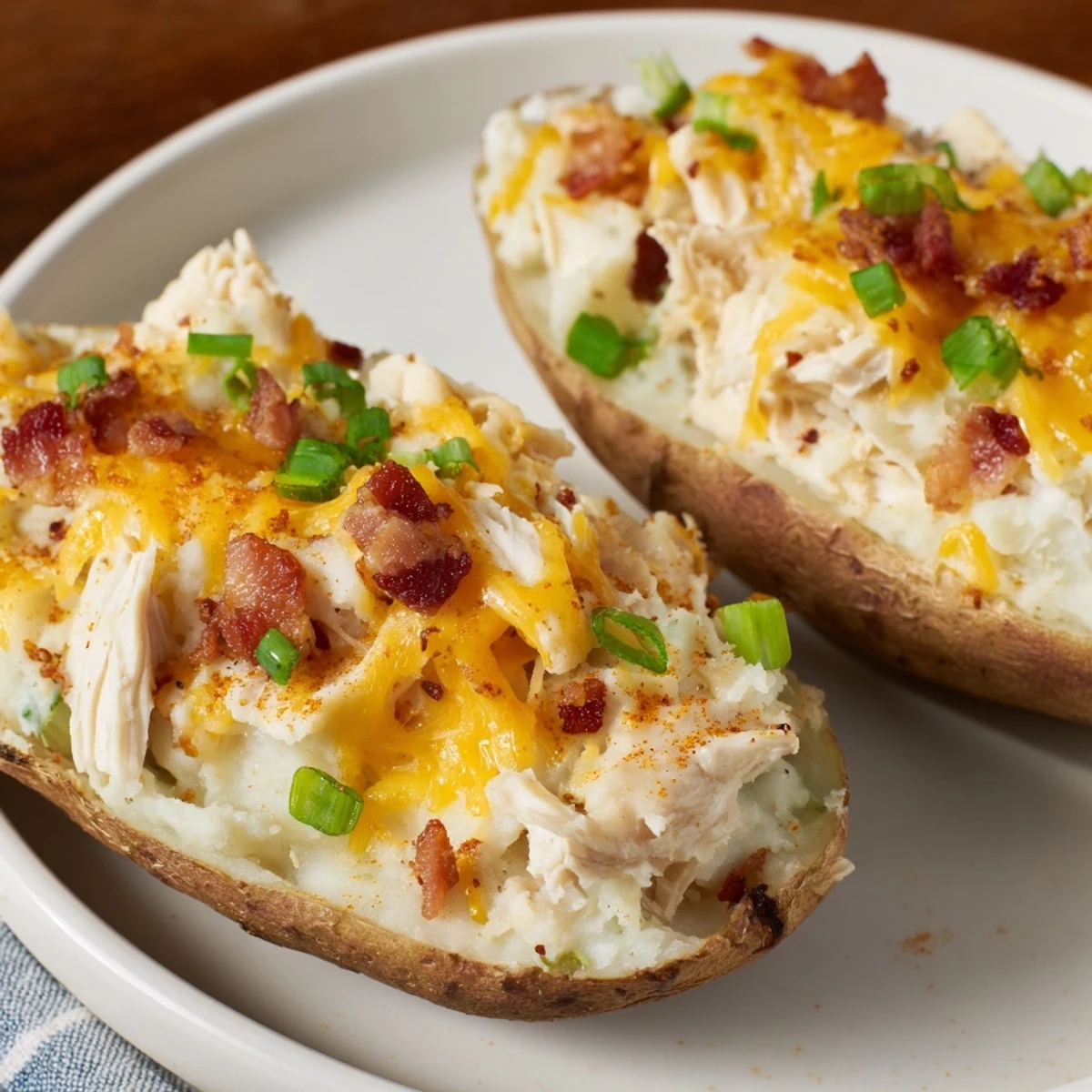 Hearty Mud Chicken Stuffed Twice Baked Potatoes feature a savory blend of chicken, cheese, and mashed potatoes, garnished with green onions and bacon bits, perfect as a main dish or satisfying side.
