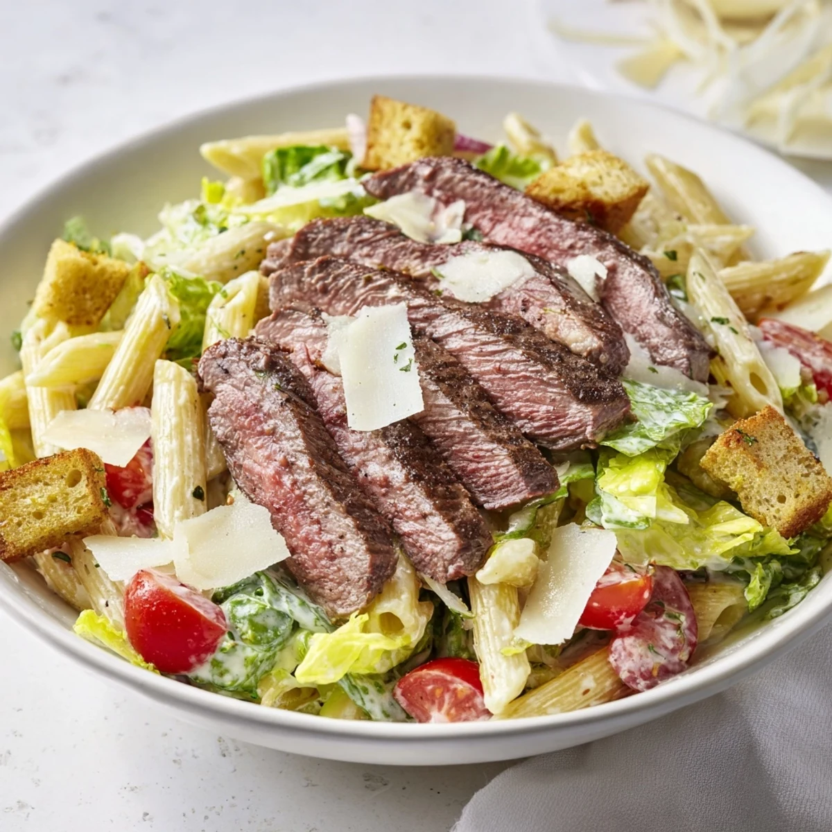 A vibrant Flavorful Steak Caesar Pasta Salad with grilled steak slices on crisp romaine and pasta.